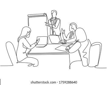 One continuous line drawing of young happy instructor presenting marketing strategy at the office discussion. Sales improvement meeting concept single line draw design vector graphic illustration