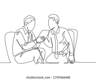 One continuous line drawing of young marketing manager presenting new strategy to growing product sales to company CEO. Business meeting concept single line draw design vector graphic illustration