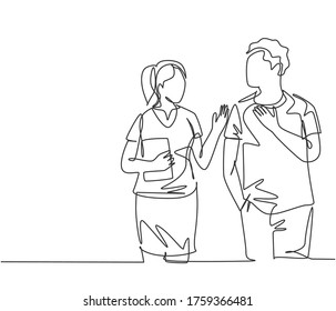 One continuous line drawing of young happy male and female couple take a talk and walk after course. Romantic lover relationship concept. Modern single line draw design vector illustration graphic