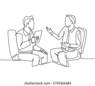 One continuous line drawing of young happy business men discussing about new project deal with colleague during meeting. Business agreement concept single line graphic draw design vector illustration