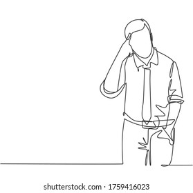 Una línea continua de un joven trabajador confundido de pie y pensando en la solución de su problema laboral en la oficina. Pensemos en el concepto de idea. Ilustración vectorial de diseño de líneas simples