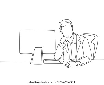 One continuous line drawing of young tired pensive male employee with work overload. He is seriously reading and staring at sales data. Work overtime concept.  Single line drawing design graphic vector illustration