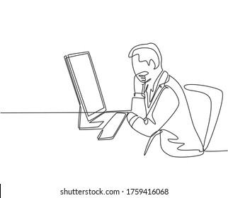 One continuous line drawing of young manager thinking seriously at his desk in front the laptop. Business innovation process concept.  Single line drawing design vector illustration.