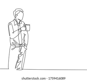 One continuous line drawing of young male worker standing and thinking about his work while holding a cup of coffee during office break. Rest break at office concept.  Single line drawing design illustration. - Powered by Shutterstock - Get 15% off with code: PIKWIZARD15