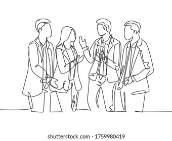 One continuous line drawing of young male and female employees have a little chat while a working break at the head office. Workers daily life concept single line draw design vector illustration