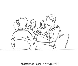 One continuous line drawing of young woman manger announcing company goal target in a business meeting to her staffs. Business marketing concept single line graphic draw design vector illustration