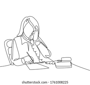 One continuous line drawing of young assistant manager receiving a phone and writing down her boss needs on a piece of paper. Manager direction concept single line draw design vector illustration