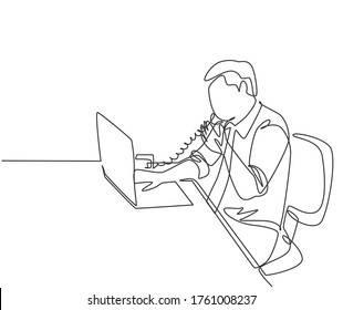 One continuous line drawing of young programmer take a phone call using analog phone to ask coding language to his friend at the office. Programming concept single line draw design vector illustration