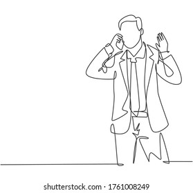 One continuous line drawing of young manager calling his staff using smartphone to ask finalizing company annual report. Business call concept. Single line draw design graphic vector illustration