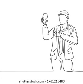 One continuous line drawing of young salesman promote and introduce new smartphone device series to customer. Product introduction marketing concept. Single line draw design vector illustration