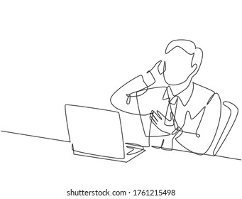 One continuous line drawing of young manager read company annual report and match it with data at computer while receive a pone call. Company audit concept single line draw design vector illustration