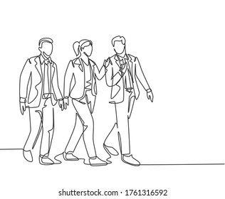 One continuous line drawing of young male and female managers talking and walking together on office lobby to go to canteen . Urban commuter workers concept single line draw design vector illustration