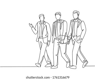 One continuous line drawing of young happy businessmen walking together and discussing new big collaboration project. Urban commuter workers concept single line graphic draw design vector illustration