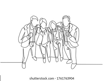 One continuous line drawing of young happy male and female employees standing together and posing to hug each other at office. Business friendship concept single line draw design vector illustration