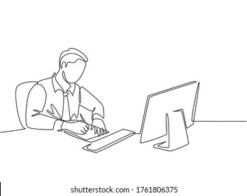 One continuous line drawing of young pensive businessman writing on a sheet of paper and staring at monitor screen at work desk. Business letter concept single line draw design vector illustration