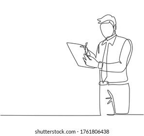 One continuous line drawing of young serious male manager standing and writing business proposal draft on clipboard. Business proposal concept. Single line draw design vector graphic illustration