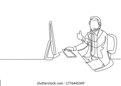 One continuous line drawing of young happy male call center worker giving thumbs up gesture while handle customer complaint. Customer service care concept single line draw design vector illustration