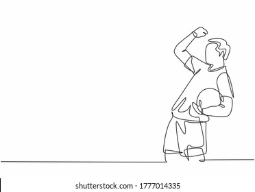 One continuous line drawing of young soccer player celebrating goal keeping ball on his hand and punching fist to the sky. Goal scoring celebration concept single line draw design vector illustration