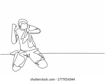 One Continuous Line Drawing Of Young Soccer Player Kissing The Badge On His Jersey And Raises Fist Hand To The Sky. Match Goal Scoring Celebration Concept Single Line Draw Design Vector Illustration