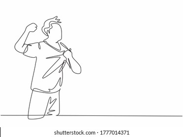 One Continuous Line Drawing Of Young Soccer Player Grabbing His Badge Club On Jersey And Punching Fist To The Sky. Match Goal Scoring Celebration Concept Single Line Draw Design Vector Illustration