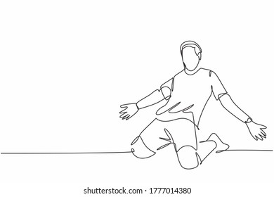 One continuous line drawing of young sporty soccer player spreading his arms and sliding over the field. Match goal scoring celebration concept single line draw design vector illustration