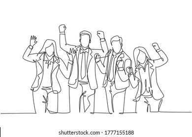 One continuous line drawing of young happy promoted man woman manager line up neatly on office meeting room together. Business teamwork celebration concept single line draw design vector illustration