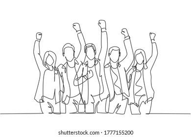 One continuous line drawing of young happy male and female worker raise their hands up to the sky together. Business teamwork celebration concept single line graphic draw design vector illustration