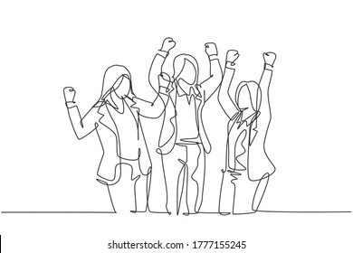 Una línea continua de jóvenes y felices empresarias bailando juntas con alegría en la sala de reuniones. Concepto de celebración del trabajo en equipo de negocios dibujo de línea única ilustración vectorial