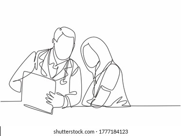 One continuous line drawing of young male doctor giving consultation session to female patient while reading medical record. Hospital health care concept single line draw design vector illustration