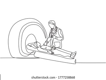 One continuous line drawing young male doctor do MRI procedure to CT scanning male cancer patient  Medical treatment service concept single line draw design vector illustration