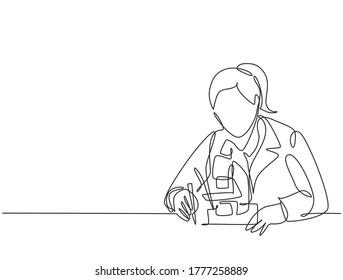 One continuous line drawing of young female scientist examine the virus that causes covid with laboratory microscope. Coronavirus vaccine research concept single line draw design vector illustration