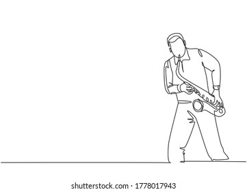 One continuous line drawing of young happy male saxophonist performing to play saxophone on music concert. Musician artist performance concept single line draw design vector graphic illustration