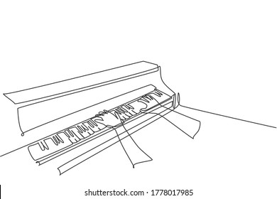 One continuous line drawing of young happy male pianist playing classic grand piano from side view. Musician artist performance concept single line draw design vector graphic illustration