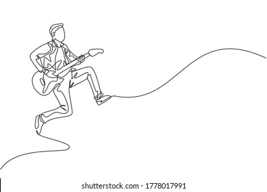 One continuous line drawing of young happy male guitarist jumping while playing electric guitar on music concert stage. Musician artist performance concept single line draw design vector illustration