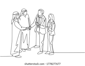 One continuous line drawing of young muslim business man handshake his  business partner. Saudi Arabian businessmen with shemag, scarf, keffiyeh clothing. Single line draw design vector illustration