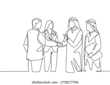 Un dibujo de línea continua de un joven hombre de negocios musulmán dando la mano a su colega. Empresarios de Arabia Saudita con shemag, kandura, pañuelo y keffiyeh. Ilustración vectorial de diseño de líneas simples