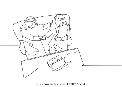 One continuous line drawing of young muslim business man handshake to deal a business project. Saudi Arabian businessmen with kandura, scarf and keffiyeh. Single line draw design vector illustration