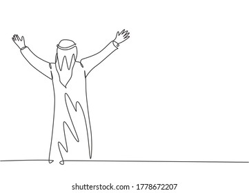 One continuous line drawing of young happy muslim businessman celebrate his business deal project. Saudi Arabian with shemag, scarf, keffiyeh clothing. Single line draw design vector illustration
