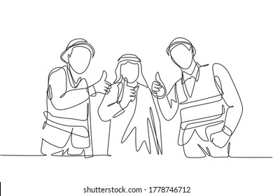 One continuous line drawing of young muslim businessman and building contractor giving thumbs up together. Islamic clothing shemag, kandura, scarf keffiyeh. Single line draw design vector illustration