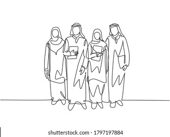 One continuous line drawing of young happy muslim workers walking together at office alley building. Islamic clothing shemag, kandura, keffiyeh, hijab. Single line draw design vector illustration