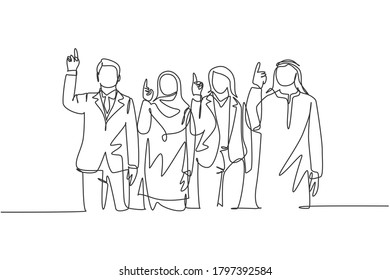 One continuous line drawing of young male and female muslim managers pointing finger to the sky, belief in God. Islamic clothing shemag, kandura, hijab. Single line draw design vector illustration