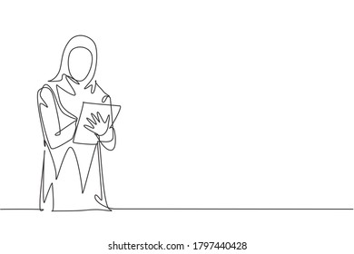 One continuous line drawing of young female muslim businesswoman analyzing company business progress from tablet screen. Islamic clothing hijab and veil. Single line draw design vector illustration