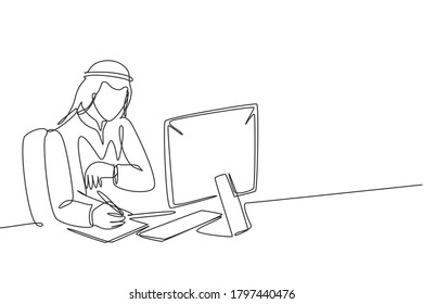 Una línea continua de un joven hombre de negocios musulmán observando su reloj de pulsera mientras terminaba sus trabajos. Sombrero de ropa islámica, kandura, keffiyeh. Ilustración vectorial de diseño de líneas simples