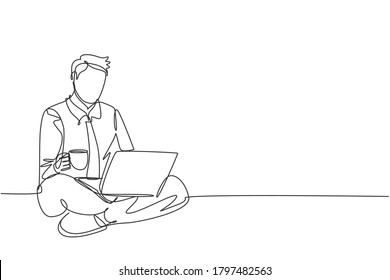 One continuous line drawing of young happy office worker sitting on the floor finish his work while holding a cup of coffee. Drinking coffee or tea concept single line draw design vector illustration