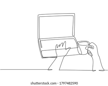 One continuous line drawing of young happy worker typing on laptop keyboard to do online shopping while holding a cup of coffee. Drinking coffee or tea concept graphic design vector illustration