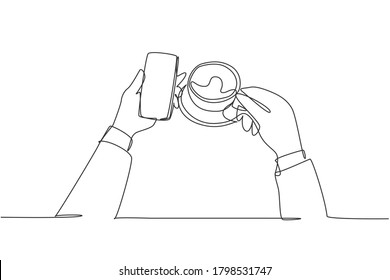 One continuous line drawing of young businessman reading message from business partner on smartphone while take a drink of coffee at coffee shop. Single line draw design illustration