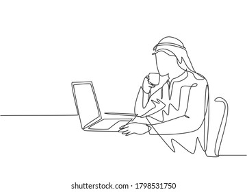 One continuous line drawing of young muslim marketing manager reading sales report from team member. Saudi Arabian male with shmag, kandora, headscarf, thobe, ghutra. One line draw design illustration