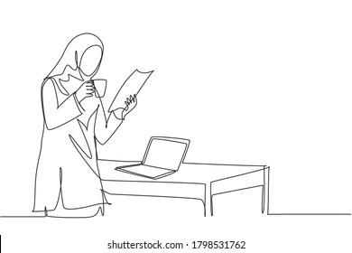 One continuous line drawing of young muslimah marketing manager reading sales report paper from team member while holding a cup of coffee. Drinking coffee concept single line draw design illustration