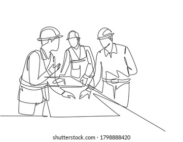 One continuous line drawing of young architects discussing construction design blueprint at office meeting. Building architecture business concept. Single line draw vector graphic design illustration