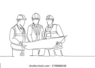 One continuous line drawing of young construction coordinator discussing construction design plan to team member. Building architecture business concept. Single line draw design graphic illustration